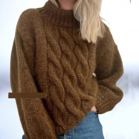 Knitted women's sweater in dark brown with soft imitation cashmere texture, flat lay view.