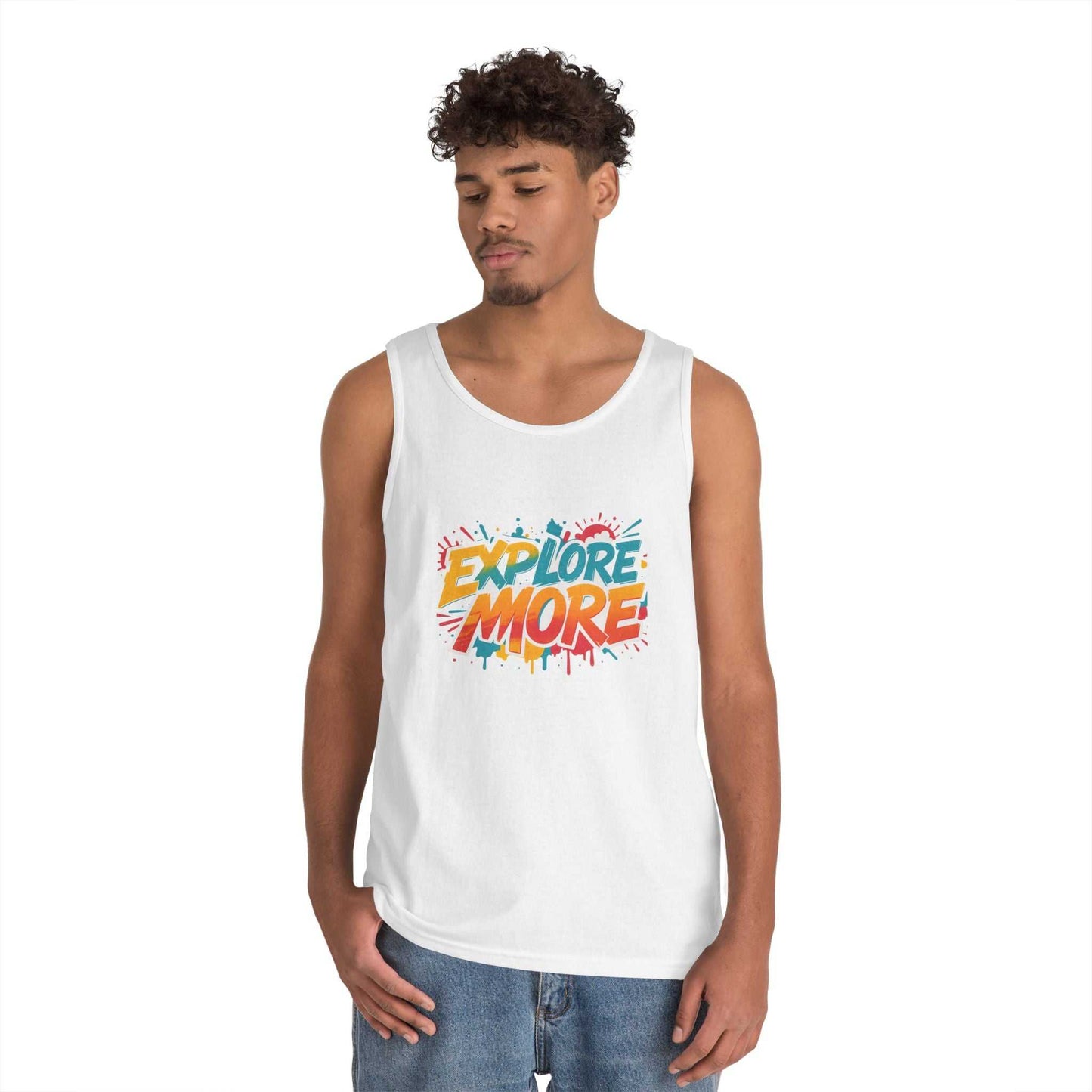 White unisex tank top with colorful Explore More print