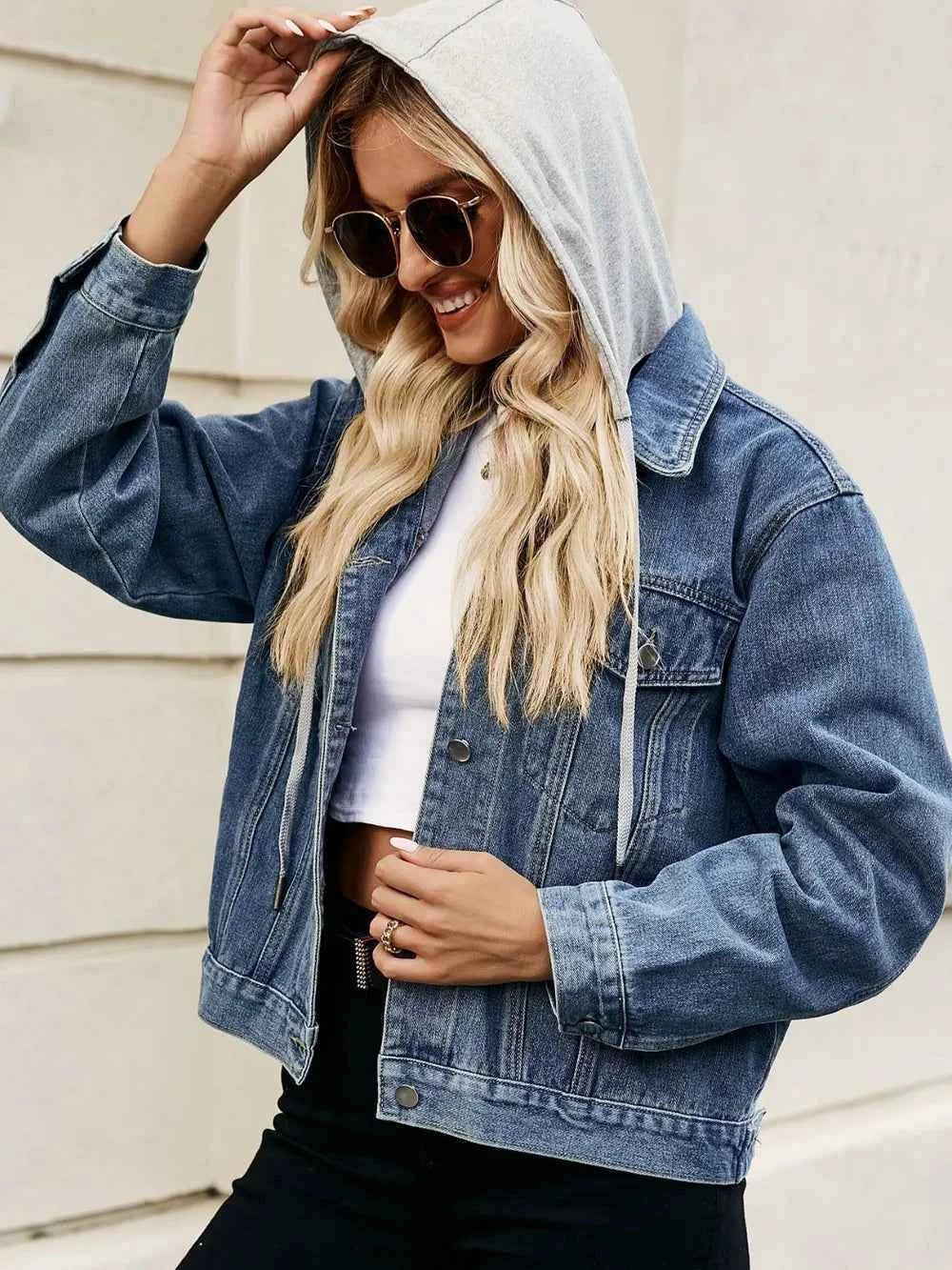 Woman’s Drawstring Hooded Button-Up Denim Jacket