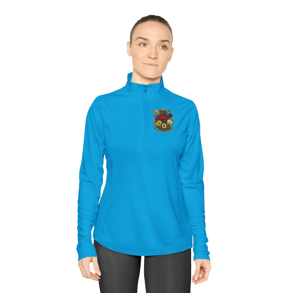 Layer smart: Floral Ladies Quarter-Zip Pullover over tanks or tees, spring fresh