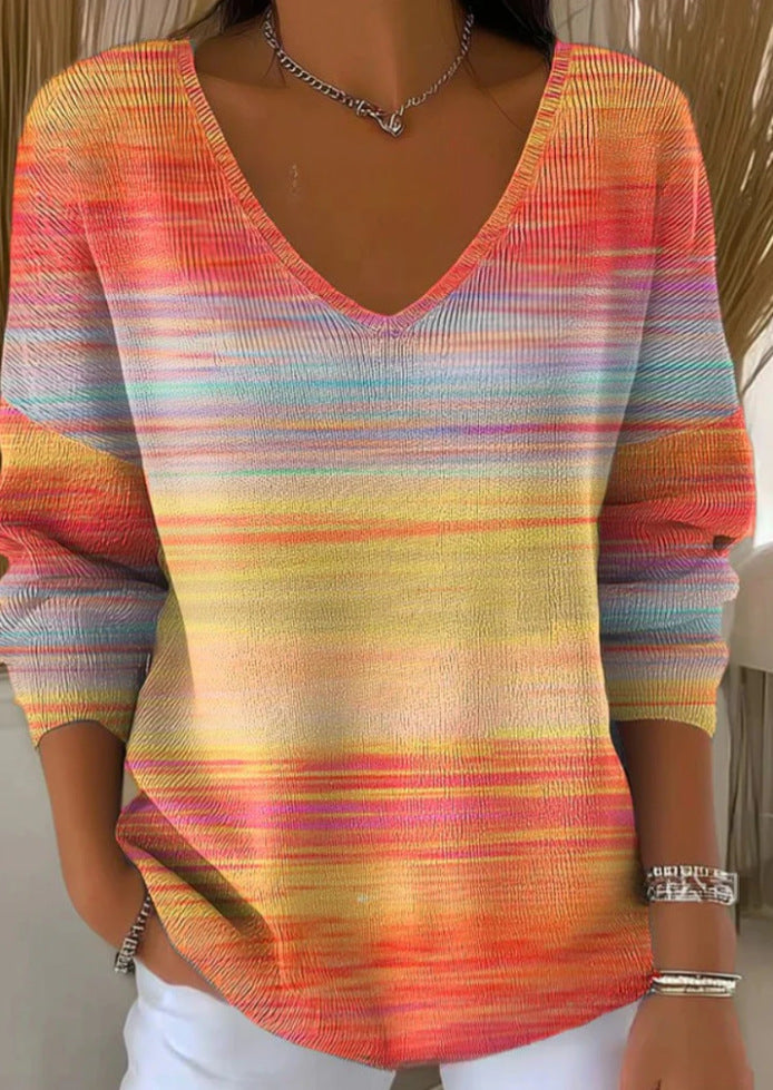 Layered Look with Gradient Color V-Neck Long-Sleeved Women&