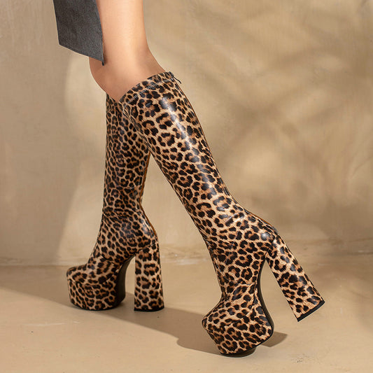 Leopard Print Women's Waterproof Stretch Platform Boots: Wild and Weatherproof