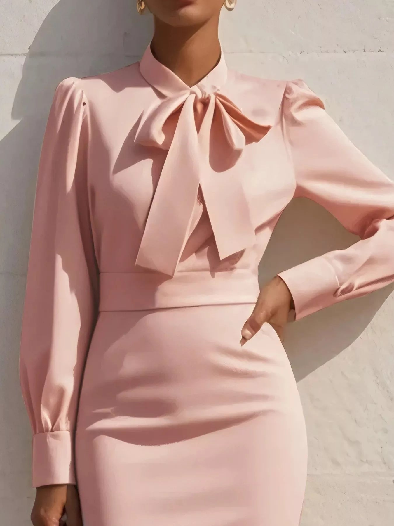Lifestyle – bow tie neck bodycon dress styled for dinner