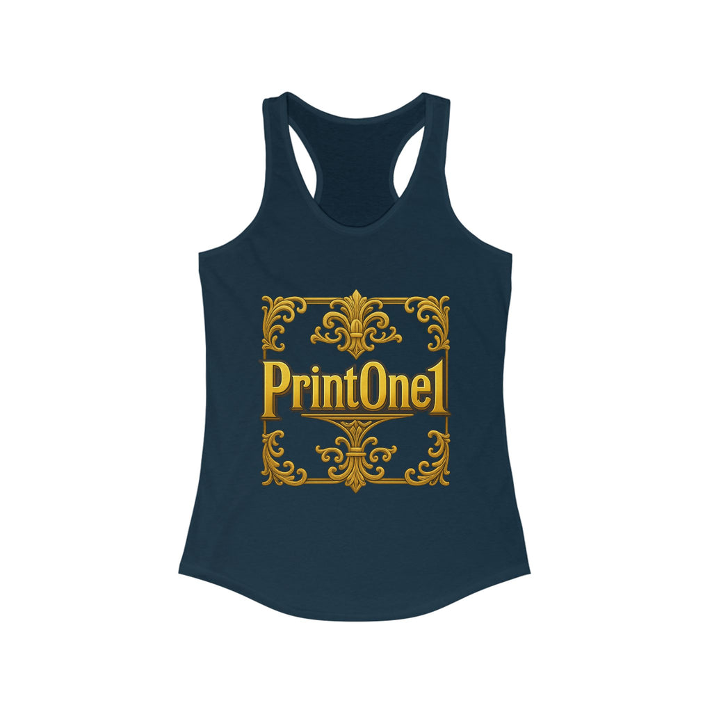 Lifestyle image of women's racerback tank top from PrintOne1, ideal for gym or casual days.

