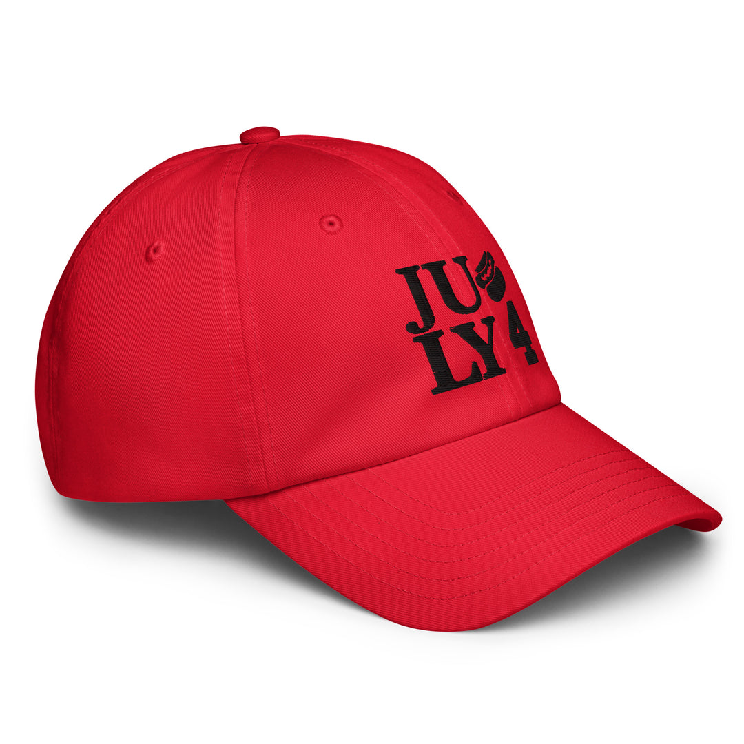Lifestyle mockup with female in red and male in white Unisex Under Armour® Dad Hats against green foliage

