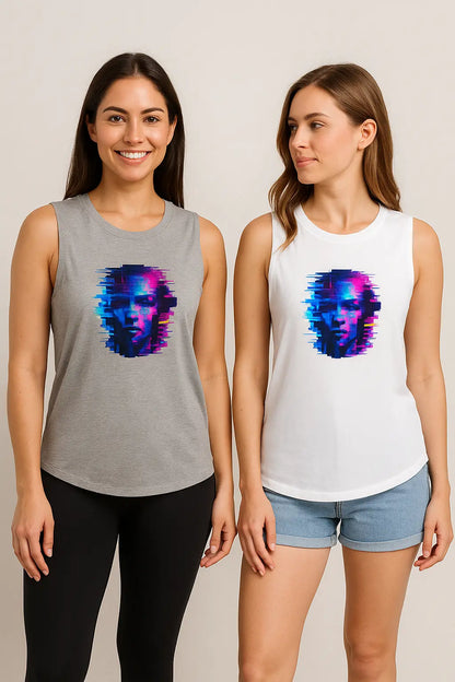 Lifestyle pair shot models laughing in staggered poses, displaying both colorways of ladies’ muscle tank and its flattering, flowy drape.