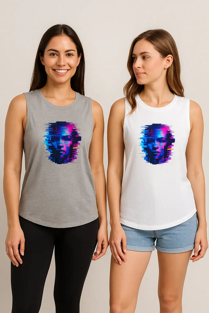 Lifestyle pair shot models laughing in staggered poses, displaying both colorways of ladies’ muscle tank and its flattering, flowy drape.