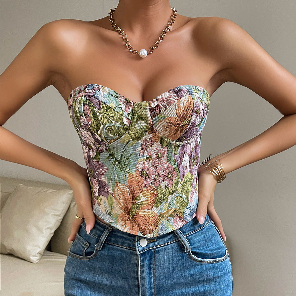 “Lifestyle shot: Y2K Floral Print Tube Vest Top by the pool”

