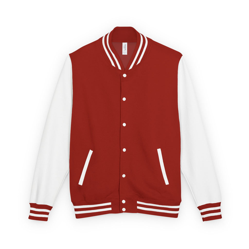 Lifestyle shot of couple wearing matching unisex letterman jackets in contrasting colors outdoors

