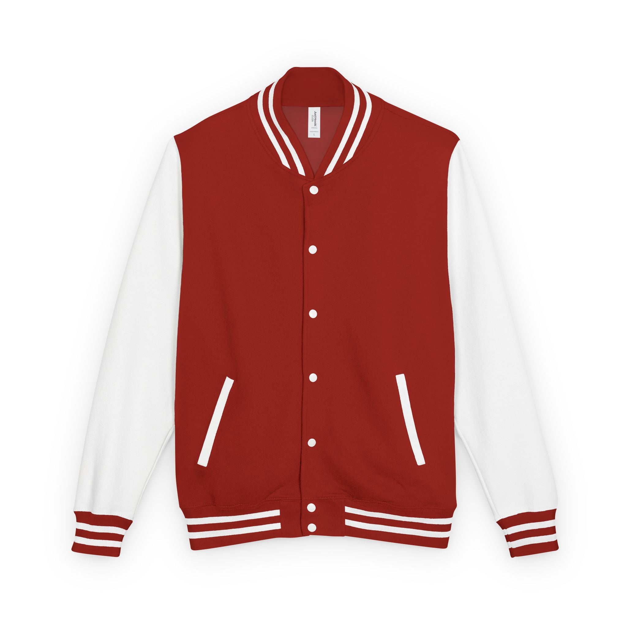 Lifestyle shot of couple wearing matching unisex letterman jackets in contrasting colors outdoors

