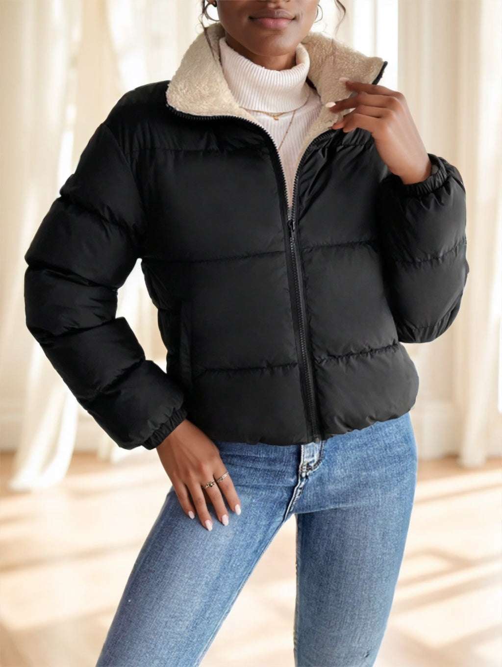 Lightweight but warm puffer coat with dual-style function


