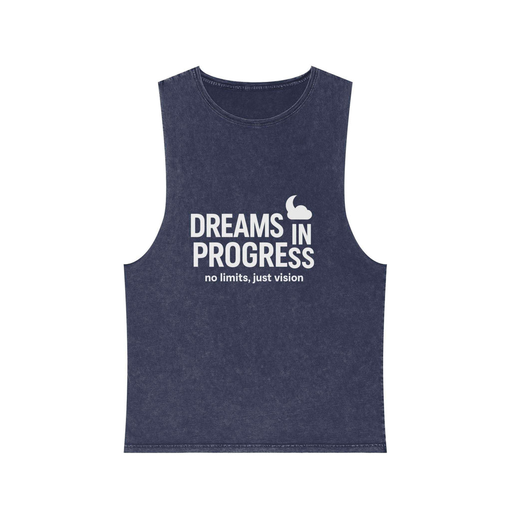 Stonewash motivational tank top displayed folded with label details

