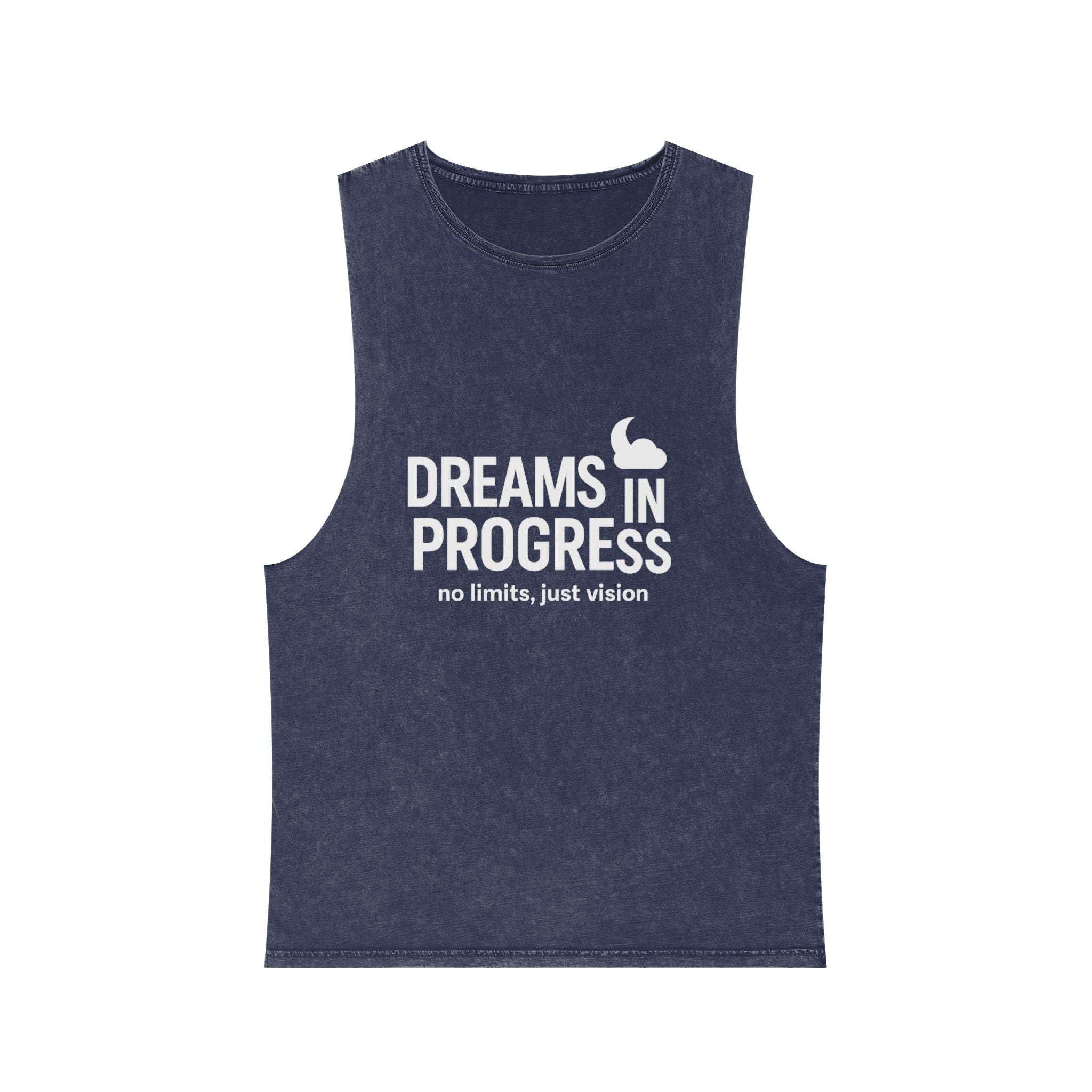Stonewash motivational tank top displayed folded with label details

