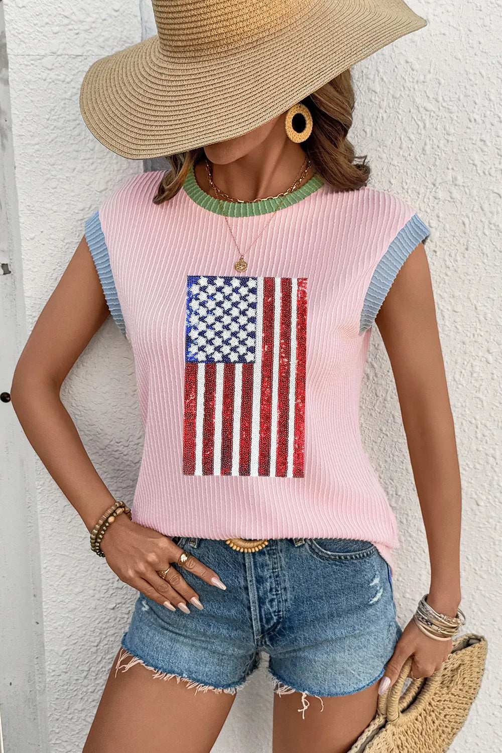 Sequin flag t-shirt for women with patriotic sparkle and twisted ribbed neckline


