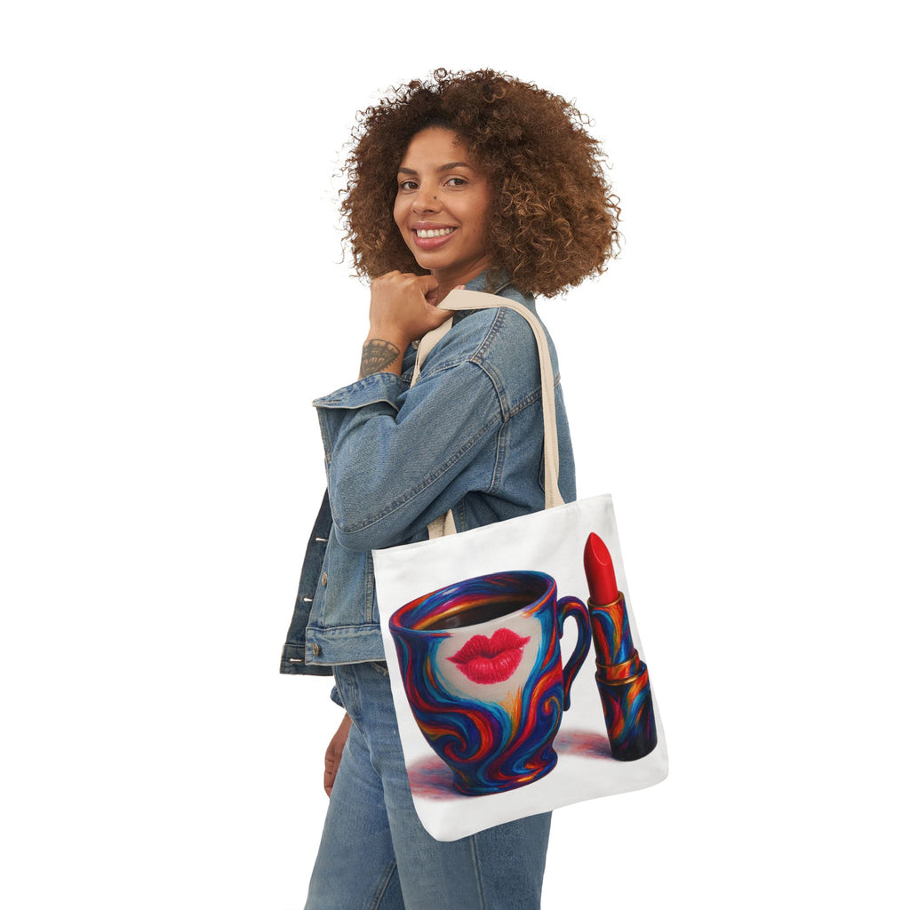 Lightweight Canvas Tote Bag with clean black interior and vivid mug-and-lipstick motif.

