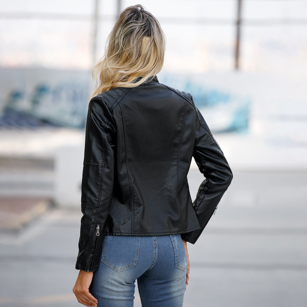 Lightweight European-style women’s PU jacket with high collar

