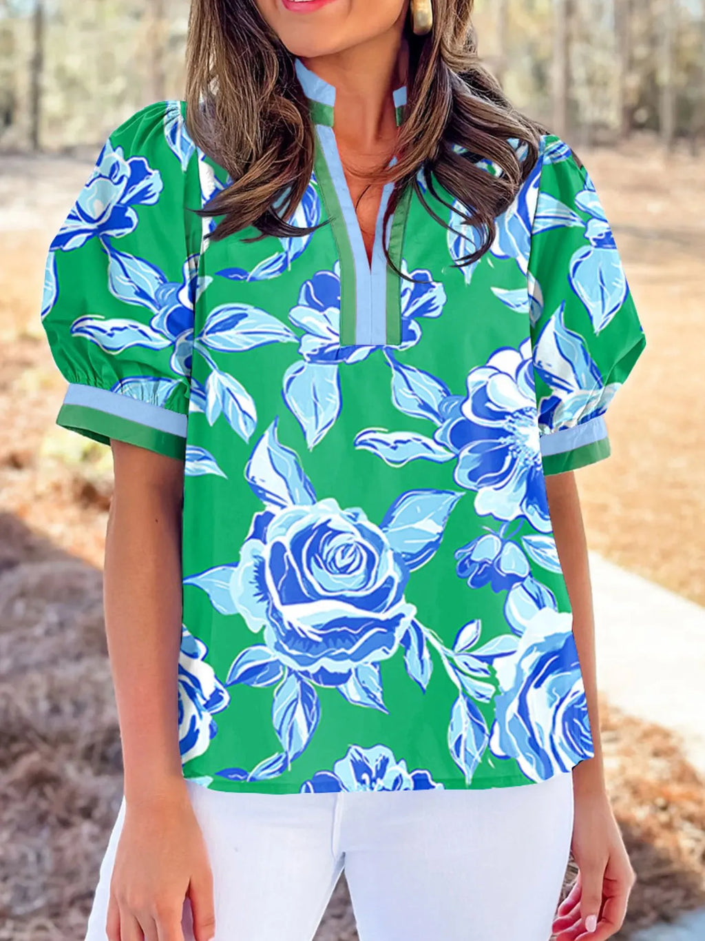 Lightweight polyester blouse styled with jeans

