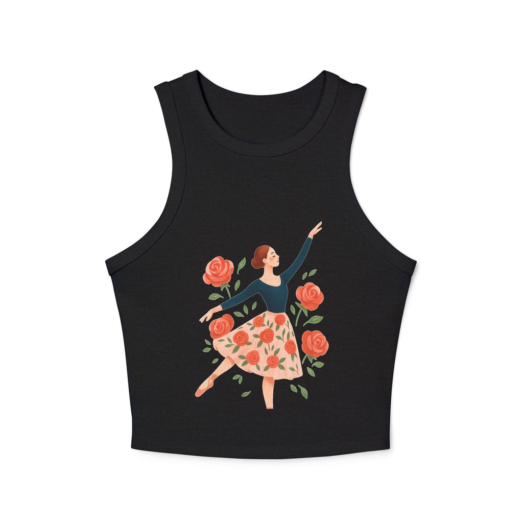 High neck women's micro rib racer tank shown with a black leather jacket

