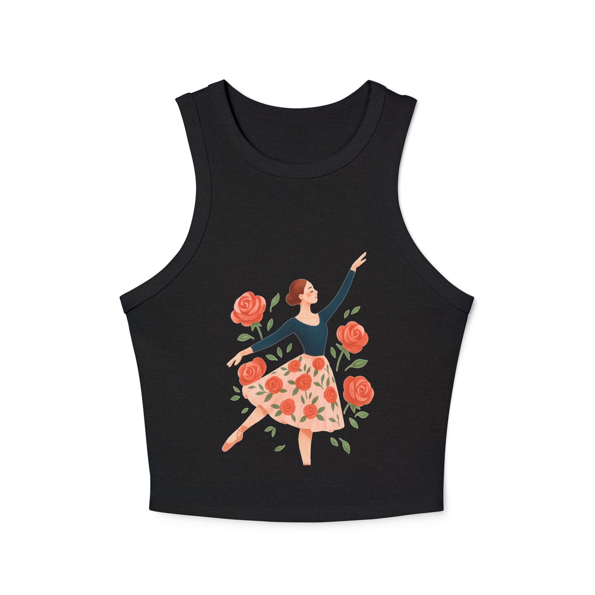 High neck women's micro rib racer tank shown with a black leather jacket

