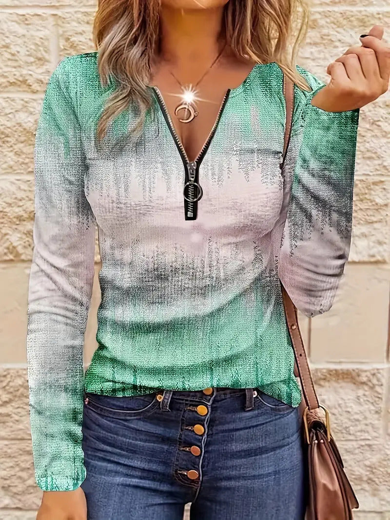 "Loose fit blue half zipper striped top for women styled with jeans"

