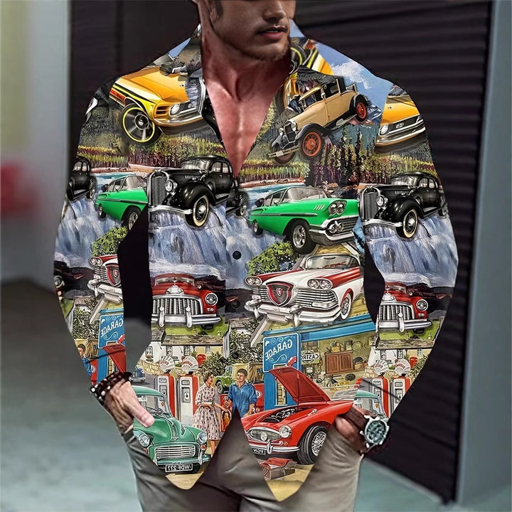 Macro shot of Hawaiian Style Men’s Long Sleeve Shirt—120-thread four-way stretch fabric and crisp color-fast flower details.

