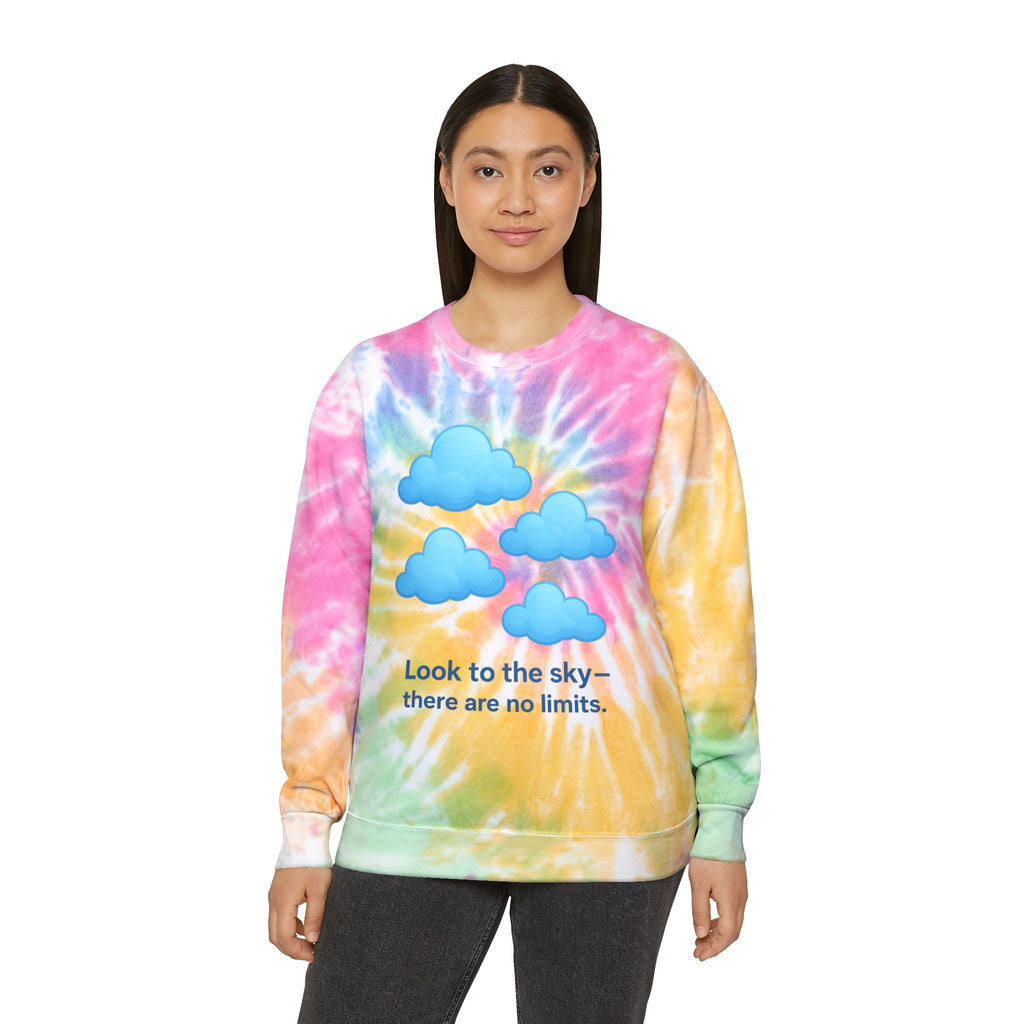 Male in light blue and female in multicolor spiral tie-dye sweatshirts, both displaying cloud designs on white.

