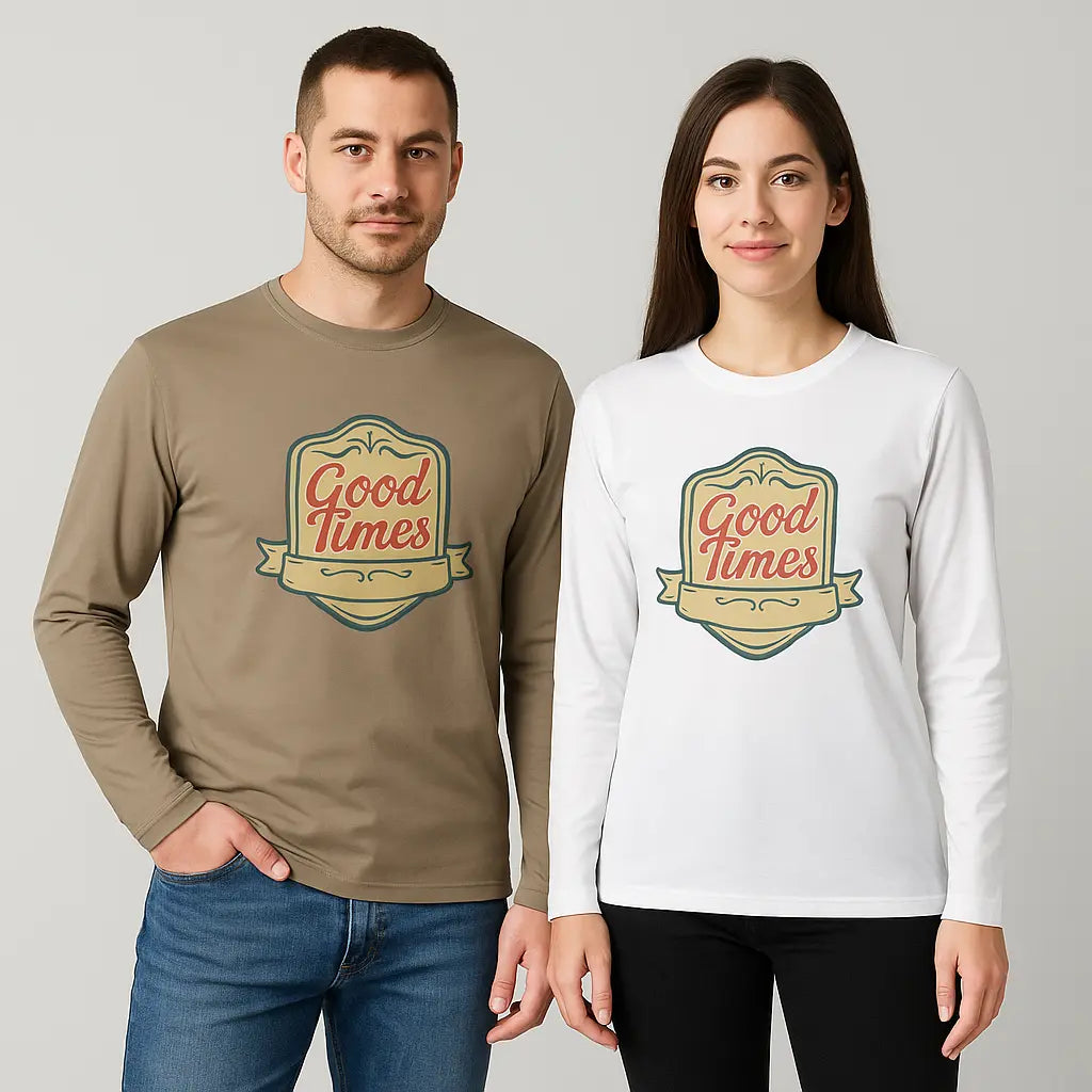 Man and woman wearing Good Times unisex long sleeve tees

