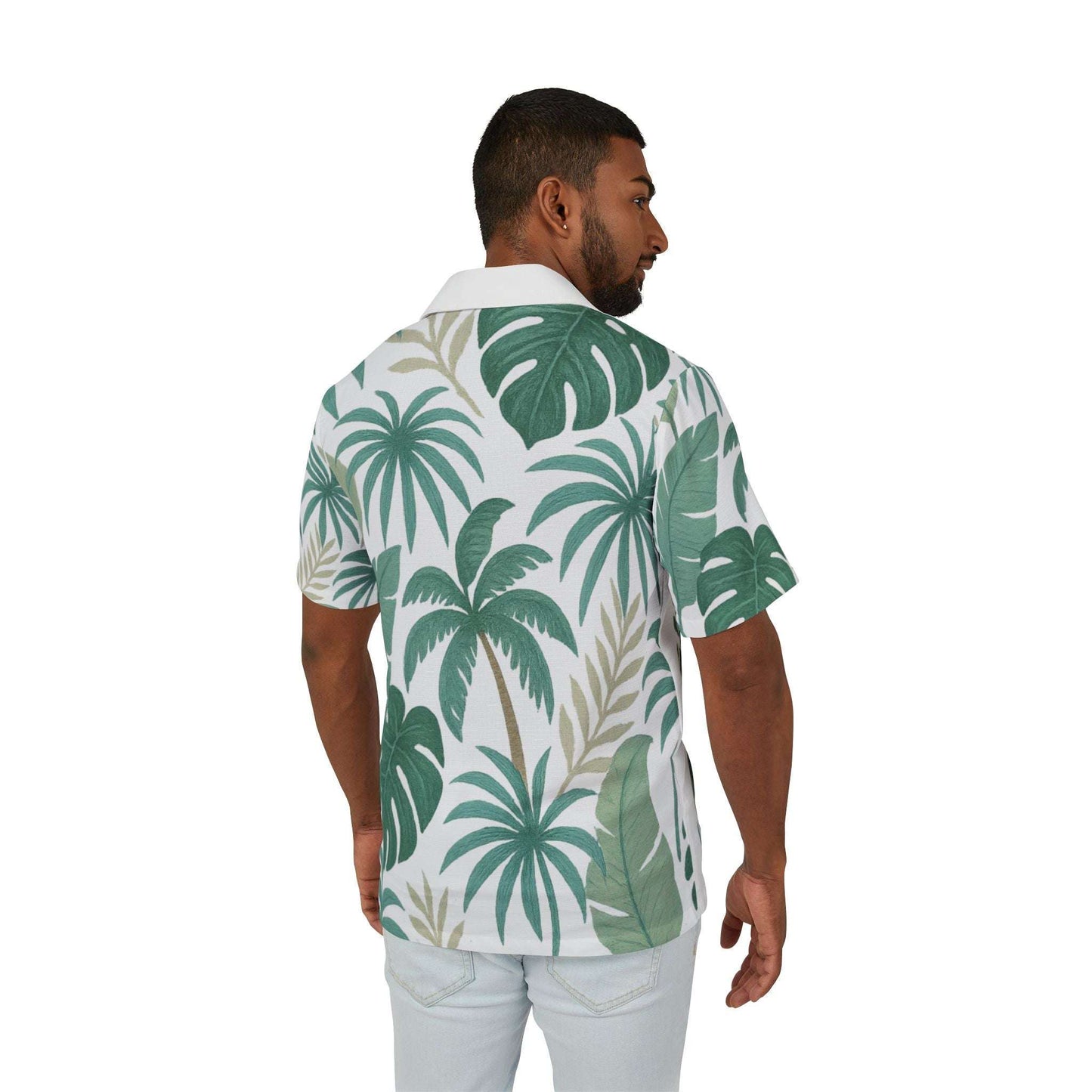 Men's tropical Hawaiian camp shirt back view green palm print