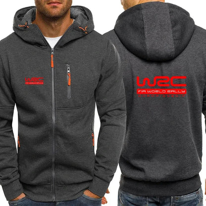 Men Modeling Casual Men's WRC Hoodie in Urban Street Setting