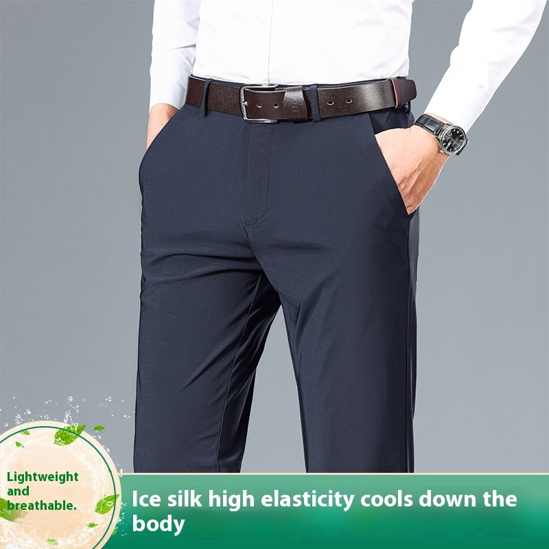Men Wearing Black High Elastic Jinammonia Ice Silk Casual Pants – Effortless Style and All-Day Freshness