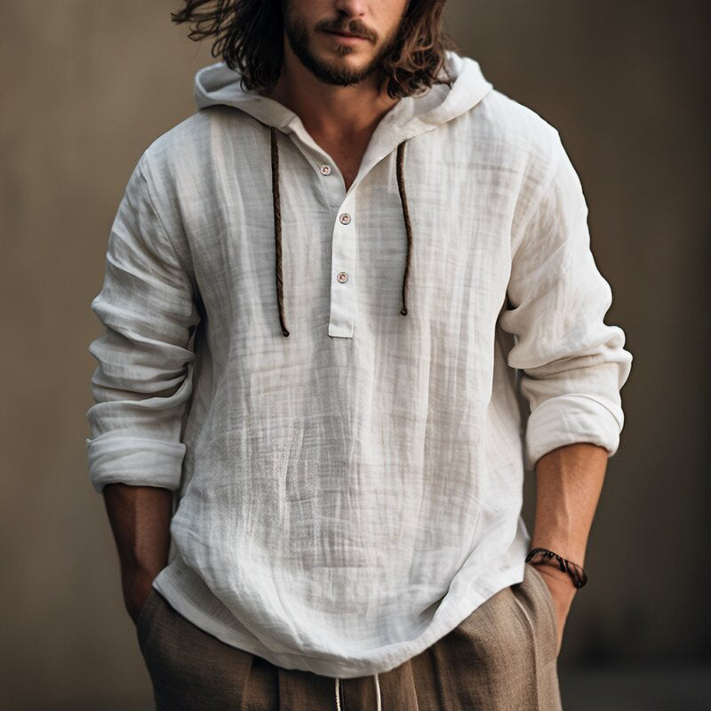 Men’s Cotton Linen Hooded Shirt in White – Long Sleeve Pullover