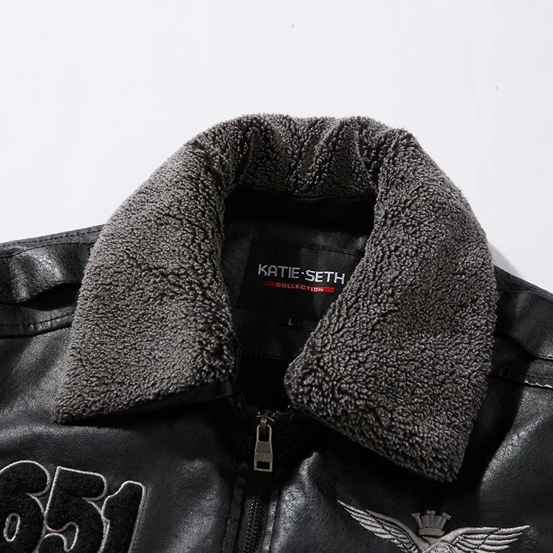 Men’s PU Leather Jacket – close-up of zipper and stitching, durable PU