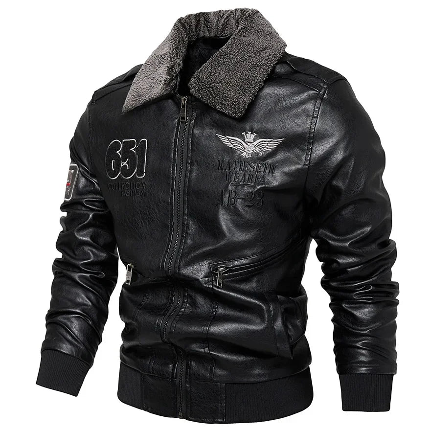 Men’s PU Leather Jacket – collar up, wind block, high-street finish