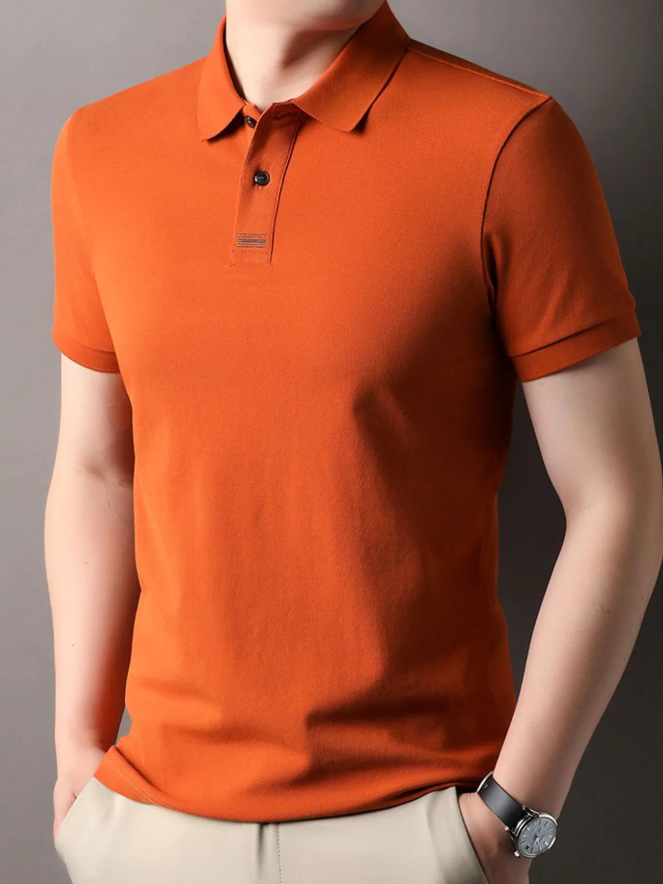 Men’s Plus Size Polo – Close-up of 3-button placket and structured collar, easy-care fabric