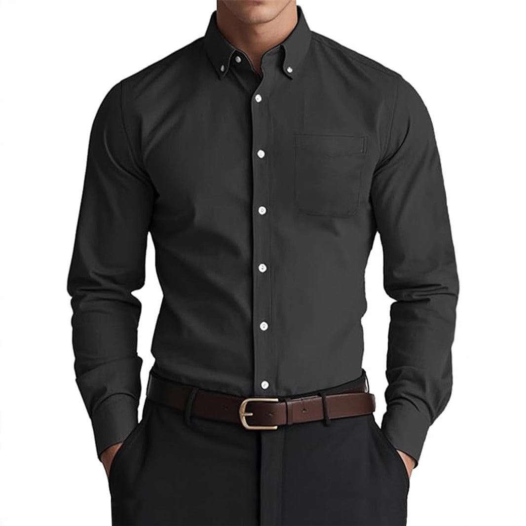 Men's Solid Color Casual Oxford Shirt in Black - Loose Cardigan Design for Modern Men