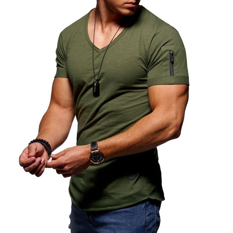 Men’s V-neck Short-sleeved Youth Shirt – Close-up V-neckline and stitching detail