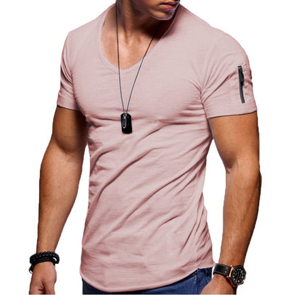 Men’s V-neck Short-sleeved Youth Shirt – Close-up of cotton-blend texture (65% polyester) showing smooth handfeel and durable weave