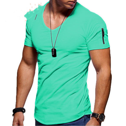 Men’s V-neck Short-sleeved Youth Shirt – On-model city look with jeans and sneakers; clean V-neckline, breathable cotton-blend comfort for everyday wear