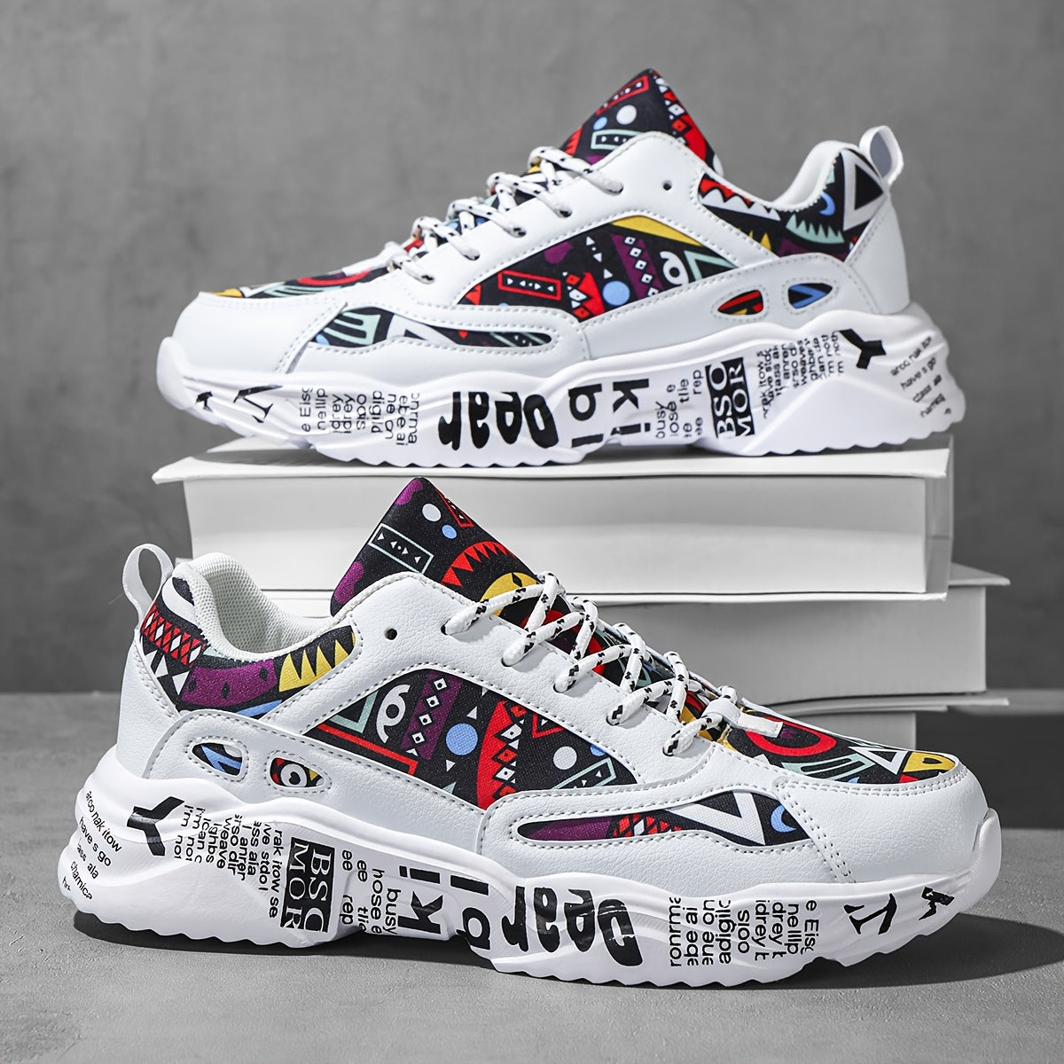 Men’s graffiti sneakers side view – PU/fabric upper, street-ready