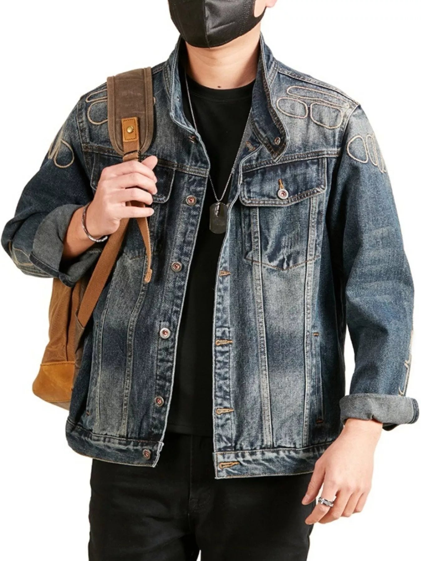Men's plus size denim jacket close-up – durable seams and metal buttons