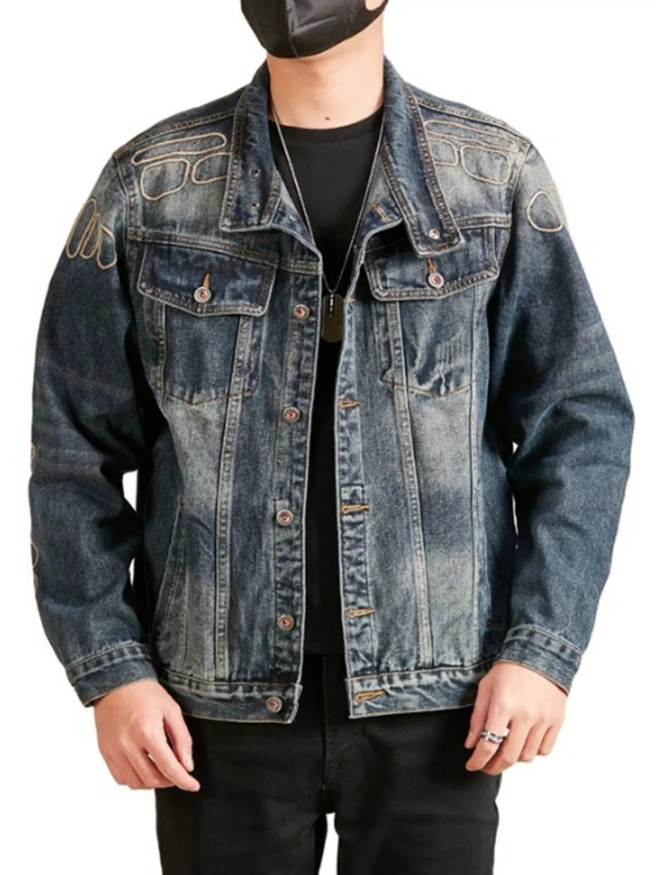 Men's plus size denim jacket front view – buttoned, pocketed, washed