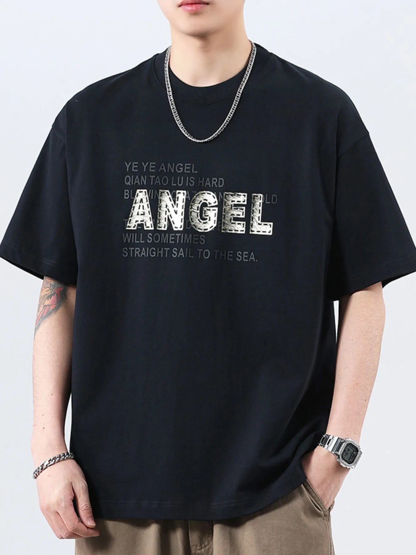 Men’s plus size t-shirt in burgundy – bold ANGEL print, crew neck, machine-washable and slightly stretchy