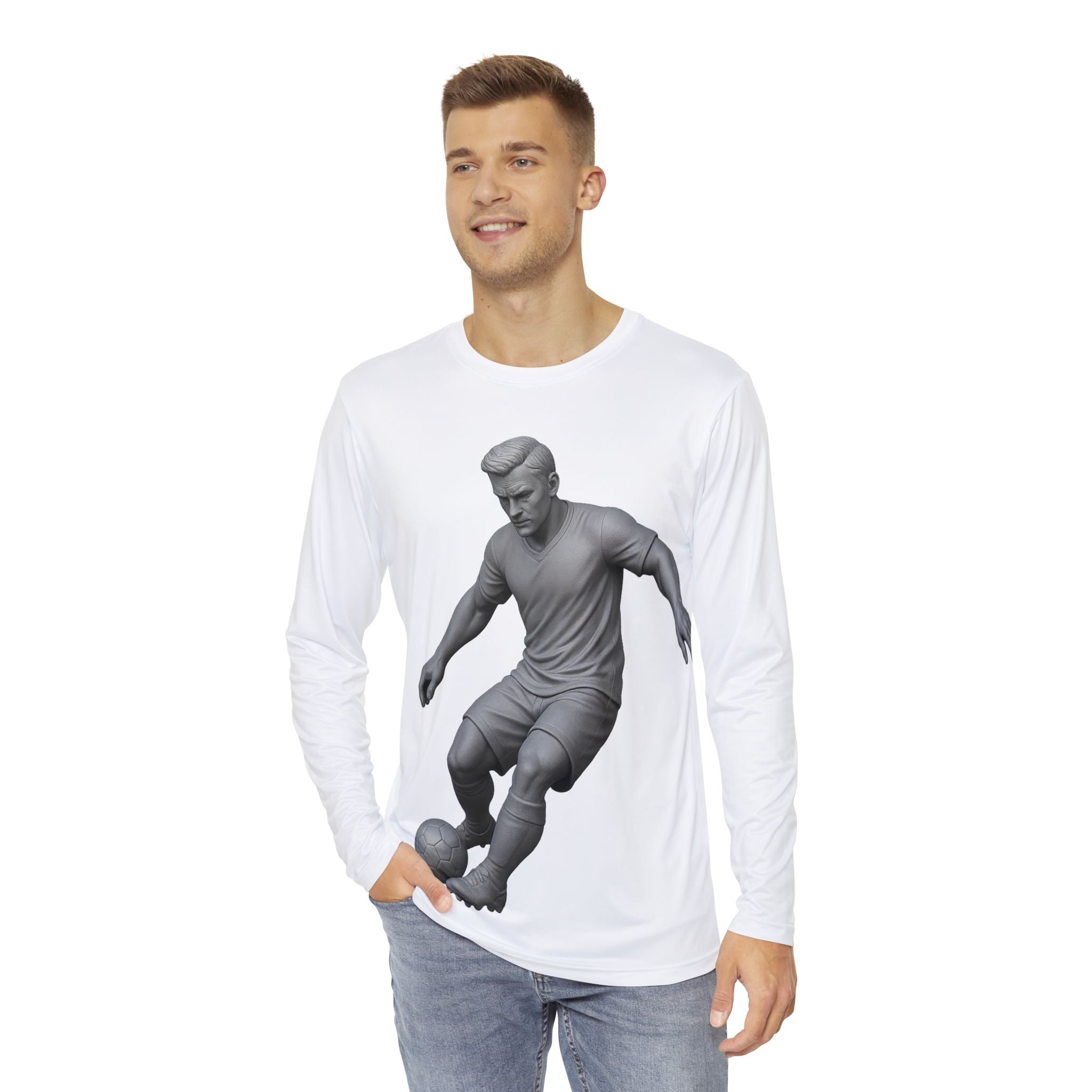 Men’s soccer long sleeve shirt modeled outdoors with sporty street style

