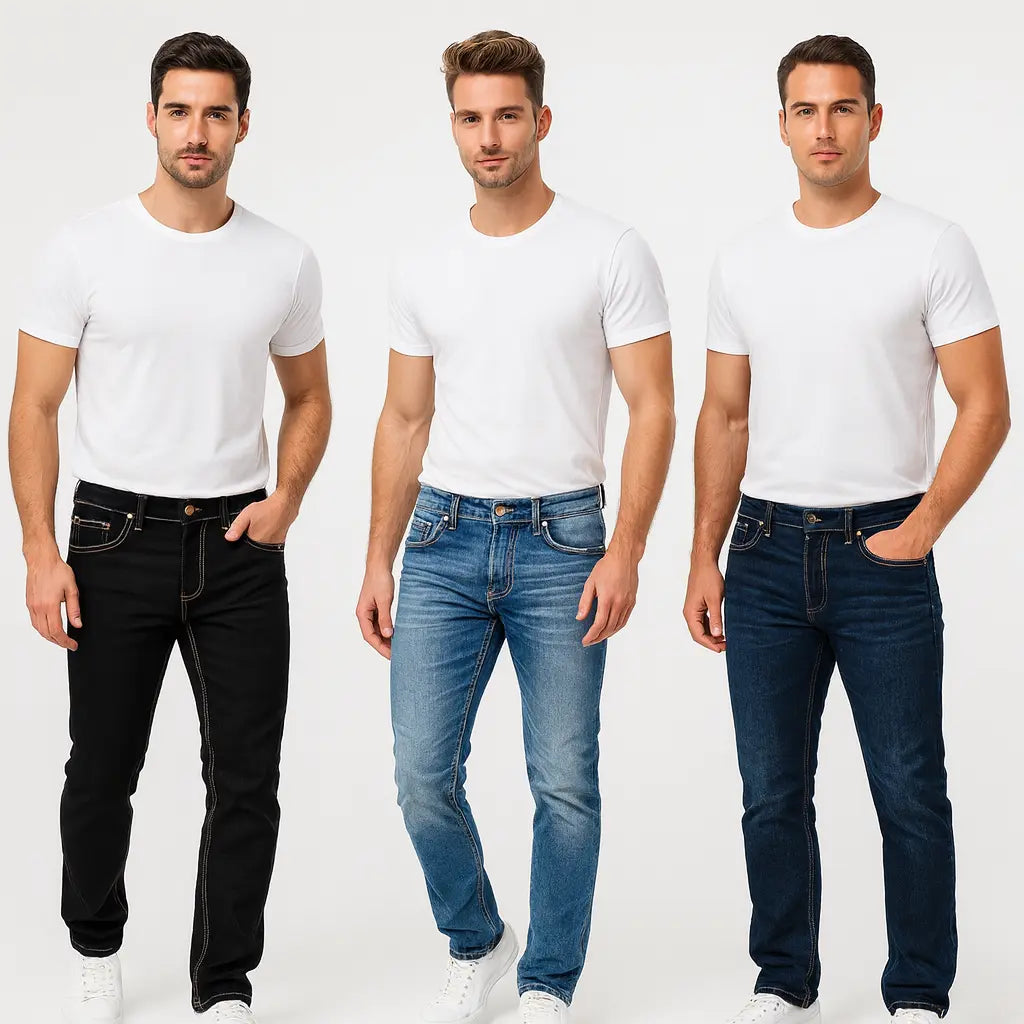 Men's slim straight-leg jeans – front view, streamlined thigh, pencil opening