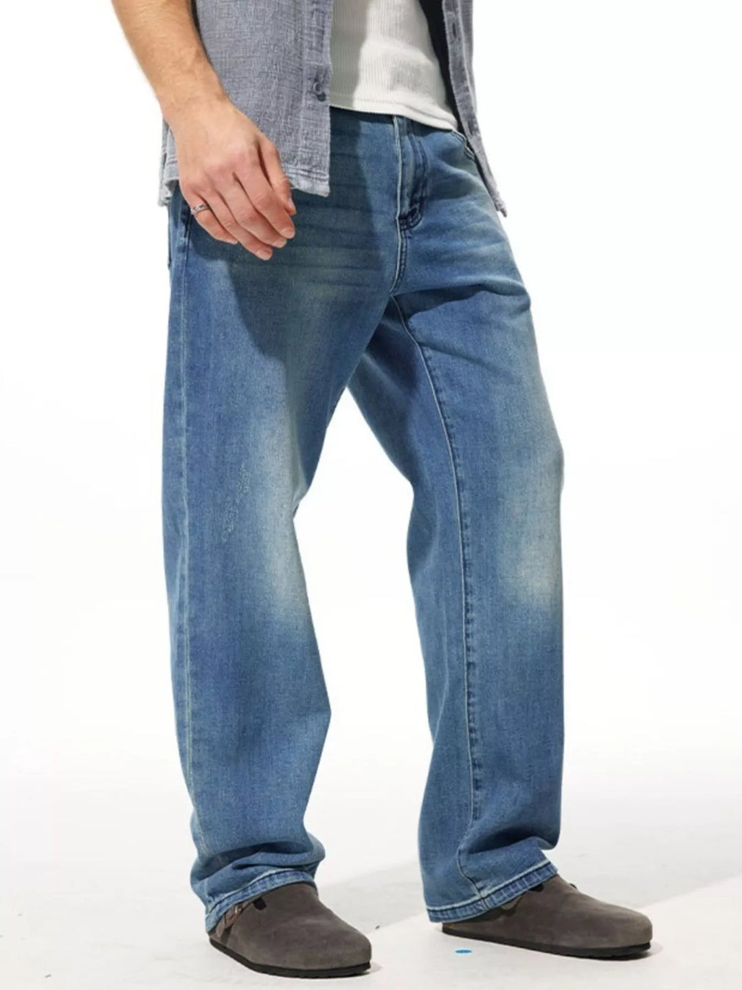Men’s washed wide leg jeans in motion – roomy thigh, drapey leg, laid-back silhouette