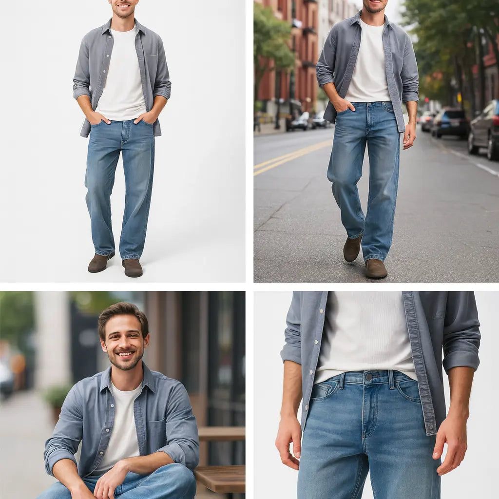 Men’s washed wide leg jeans – cuffed hem detail and relaxed stacked break