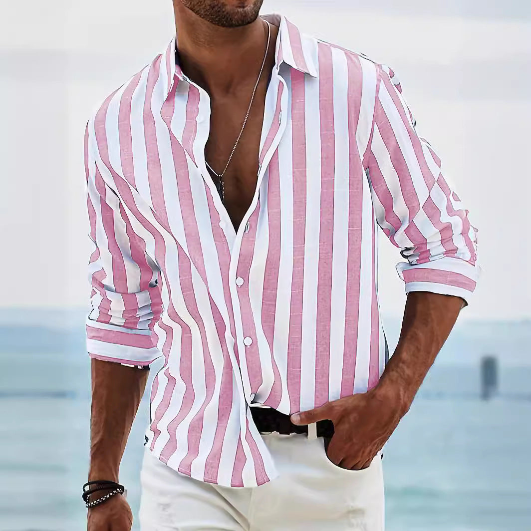 Men’s yarn-dyed striped shirt – HD-CS05 red layered over tee