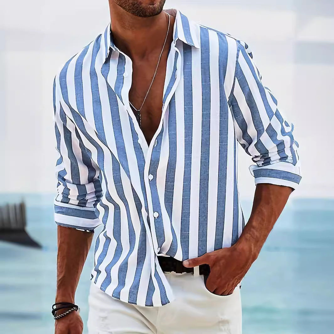 Men’s yarn-dyed striped shirt – back view showcasing cardigan style