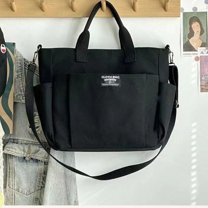 Milky White Canvas Shoulder Bag with Three-Dimensional Pocket

