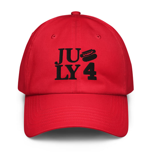 Mockup of a woman in a red Unisex Under Armour® Dad Hat next to a man in a white Under Armour® Dad Hat on a blurred outdoor path

